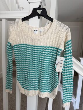 Roxy Cream and Teal Striped Knit Crew Sweater